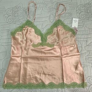NEW Pearl Lace Two Tone Silk Cami Sz L Peach Nectar Green Lace